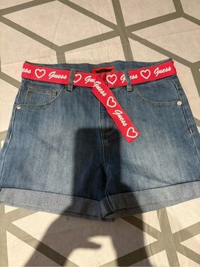 Guess Blue Denim Shorts with Red Logo Heart Belt